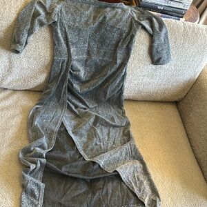 Silver Stretch Lurex stretchy 3/4 sleeve Scoop neck mock wrap dress